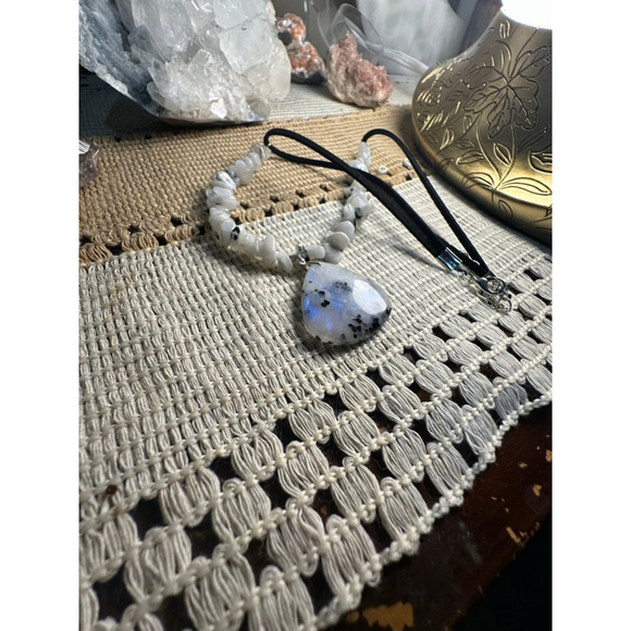 Rainbow Moonstone Chips and Teardrop Pendant Necklace on Black Faux Suede - Picture 5 of 9